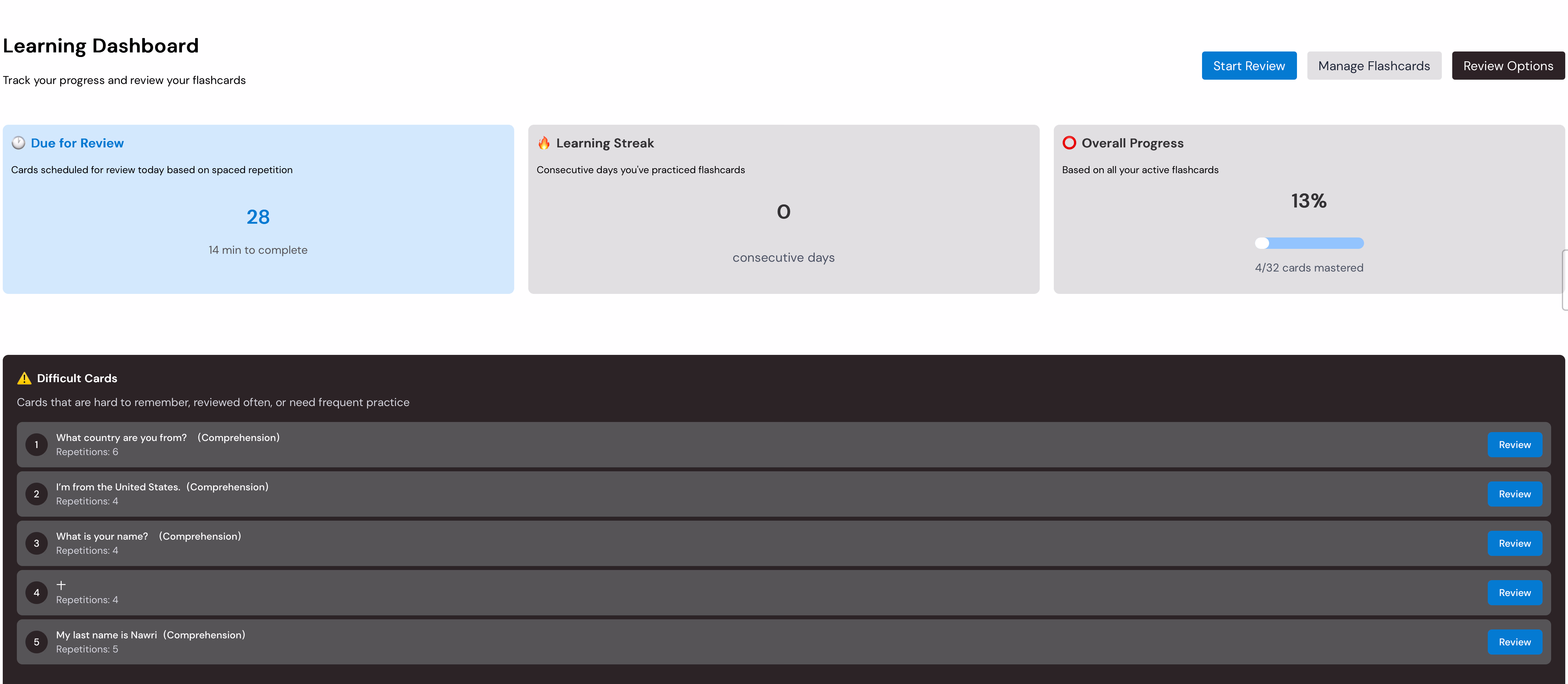 Learning Dashboard statistics